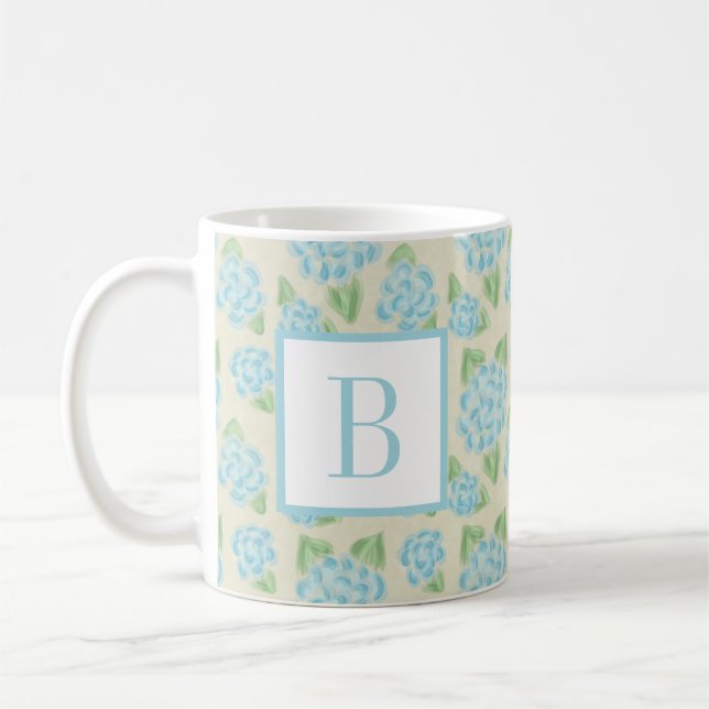 Mug Aquarelle Floral Bleu Hydrangée Monogramme initial (Gauche)