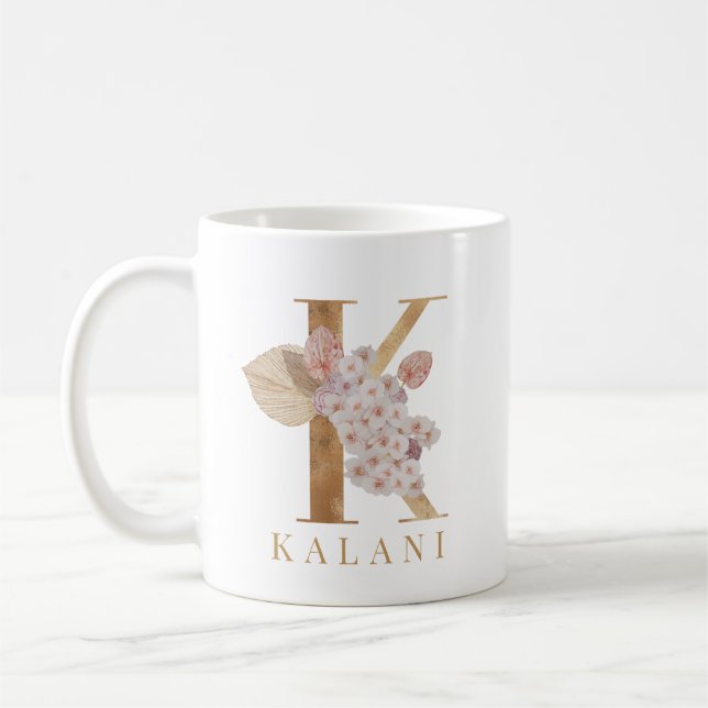 Mug Aquarelle Floral et Lettre K Initiale en Or (Gauche)