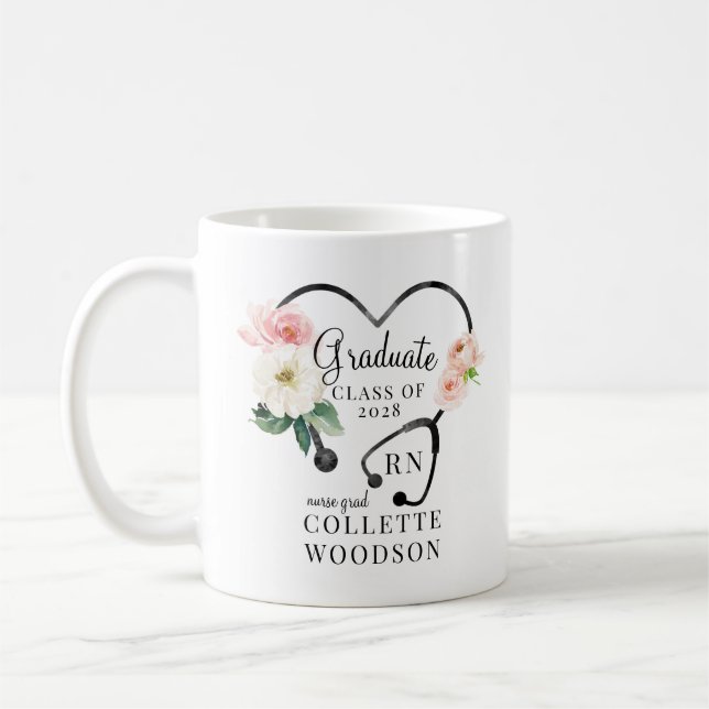 Mug Aquarelle Floral Stethoscope Infirmière Graduation (Gauche)
