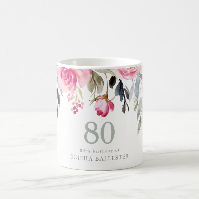 Mug Aquarelle florale 80e anniversaire cadeau de fête (Centre)