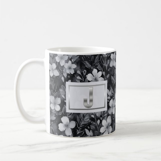 Mug Aquarelle florale à lettre argentée monogramme (Gauche)
