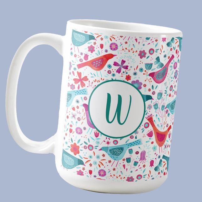 Mug Aquarelle florale d'oiseaux monogrammes (Monogram initial modern watercolor bird and floral pattern mug)