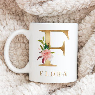 Mug Aquarelle Florale et or Lettre F Monogramme