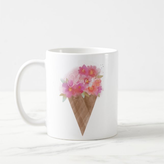 Mug Aquarelle Florale Ice Cone de crème avec nom (Gauche)