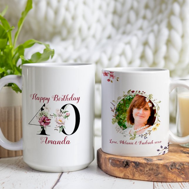 Mug Aquarelle florale Joyeux 40e anniversaire Photo pe (Créateur téléchargé)