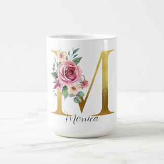 Mug Aquarelle Florale & Lettre Or M, Nom