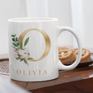 Mug Aquarelle Florale & Lettre or O Monogramme