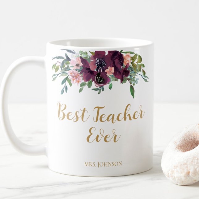 Mug Aquarelle Florale meilleur enseignant jamais (Best Teacher Ever Floral Coffee Mug. A beautiful way to say thank you!)