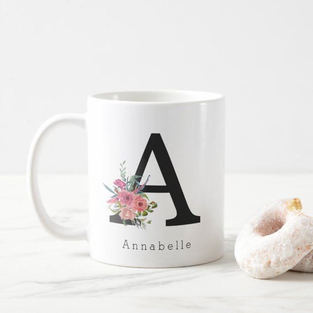 Mug Aquarelle florale mignonne Boho Rose Monogramme (Avec donut)