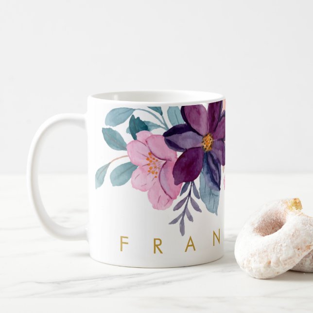 Mug Aquarelle Florale Rose Moderne Ajouter Votre Nom (Avec donut)