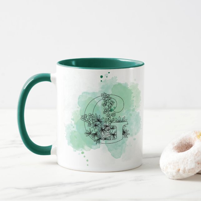 Mug Aquarelle G initiale Monogramme vert Botanique (Avec donut)