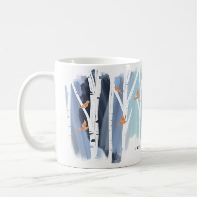 Mug Aquarelle Gris Laver Birch Arbres et Doves d'or (Gauche)