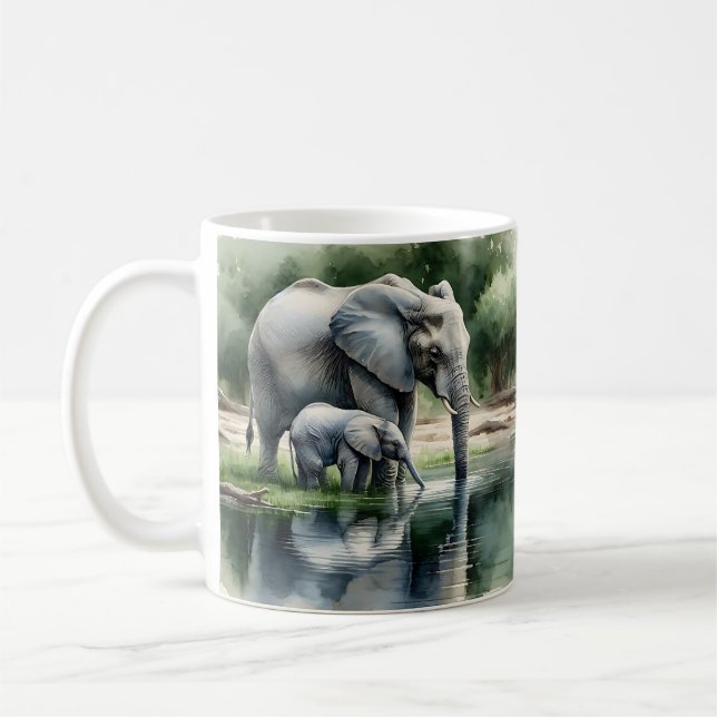Mug Aquarelle Illustration de maman et bébé éléphant (Gauche)