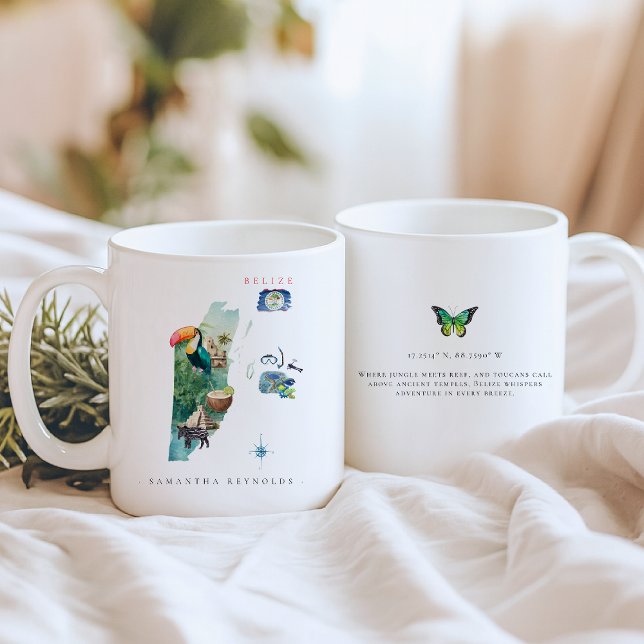 Mug Aquarelle illustrée Carte de Belize | Monogramme (Créateur téléchargé)