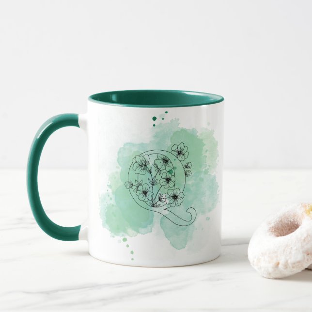 Mug Aquarelle initiale Q Monogramme Vert Botanique (Avec donut)