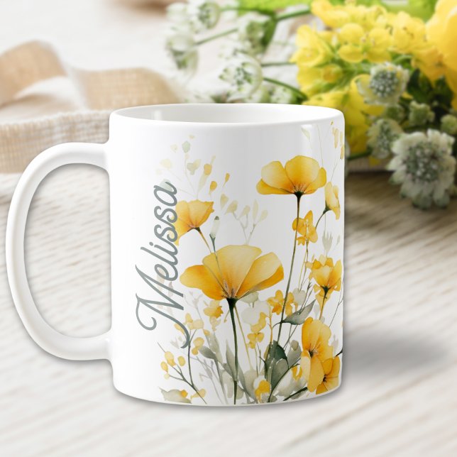 Mug Aquarelle Jaune Moderne Élégante Script Floral (Créateur téléchargé)