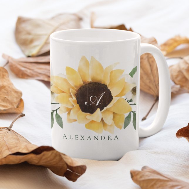 Mug Aquarelle jaune tournesols et monogramme Fleur sau (Créateur téléchargé)