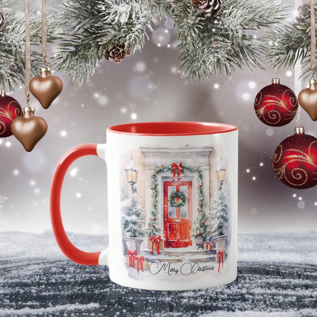 Mug Aquarelle Joyeux Noël Porte rouge élégant (Créateur téléchargé)