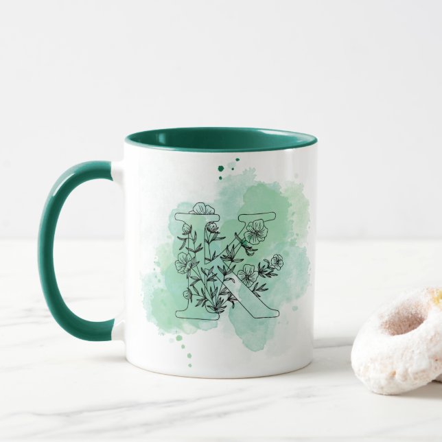 Mug Aquarelle K initiale Monogramme Botanique vert (Avec donut)