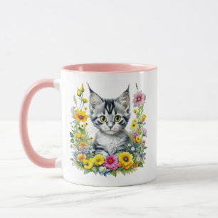 Mug Aquarelle Kitten en Fleurs Jaunes Personnalisé