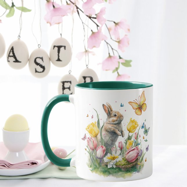 Mug Aquarelle Lapin de Pâques Chasse Papillons (Créateur téléchargé)