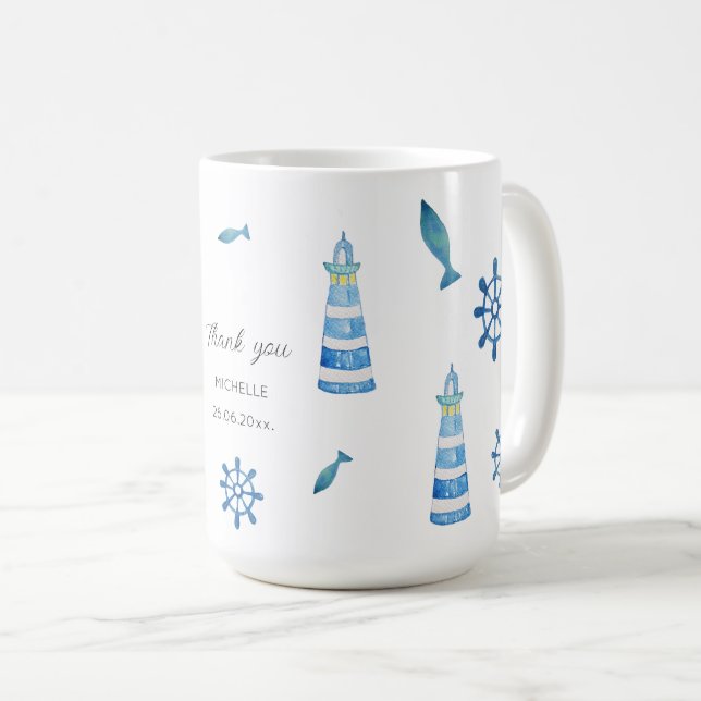 Mug Aquarelle Lighthouse Beach Peinte à la main (Devant droit)