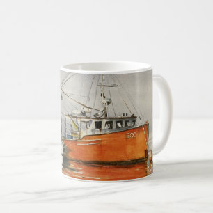 Mug Aquarelle Maine Bateau de pêche Océan Orange Grey