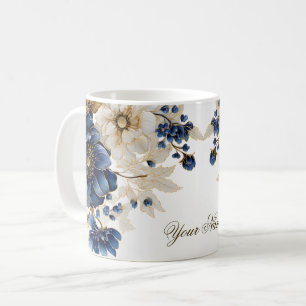 Mug Aquarelle Marine Bleu Blanc Or Floral Argent