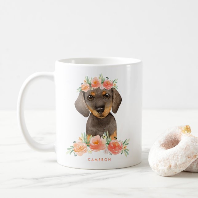 Mug Aquarelle mignonne Dachshund Peach Floral (Avec donut)