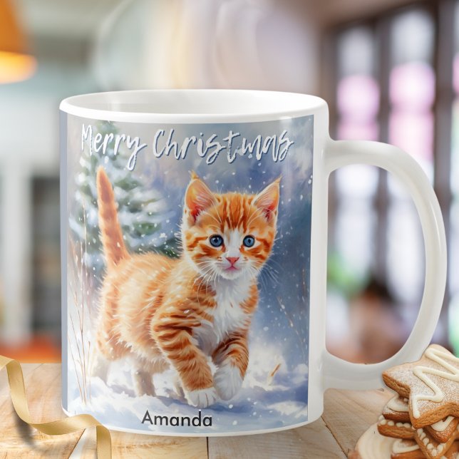 Mug Aquarelle mignonne Ginger Kitten Neige Noël (A personalized mug with ginger kitten illustration in a watercolor style and 'Merry Christmas' words)