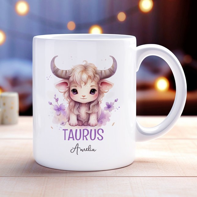 Mug Aquarelle mignonne Illustration du nom du zodiaque (Cute Watercolor Illustration of Taurus Zodiac Name Coffee Mug)