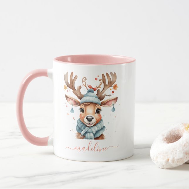 Mug Aquarelle mignonne Rennes de Noël en bois (Avec donut)