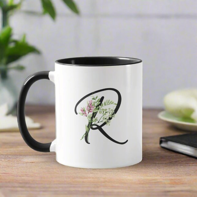 Mug Aquarelle minimale Fleur et lettre noire R Script (Créateur téléchargé)