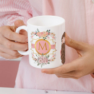 Mug Aquarelle moderne Fleurs roses M Monogramme pour e