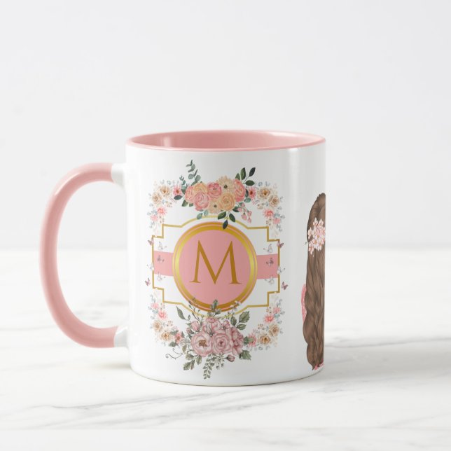 Mug Aquarelle moderne Fleurs roses M Monogramme pour e (Gauche)