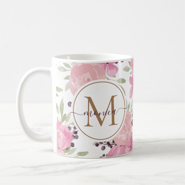 Mug Aquarelle moderne Floral Or Monogramme Nom (Gauche)