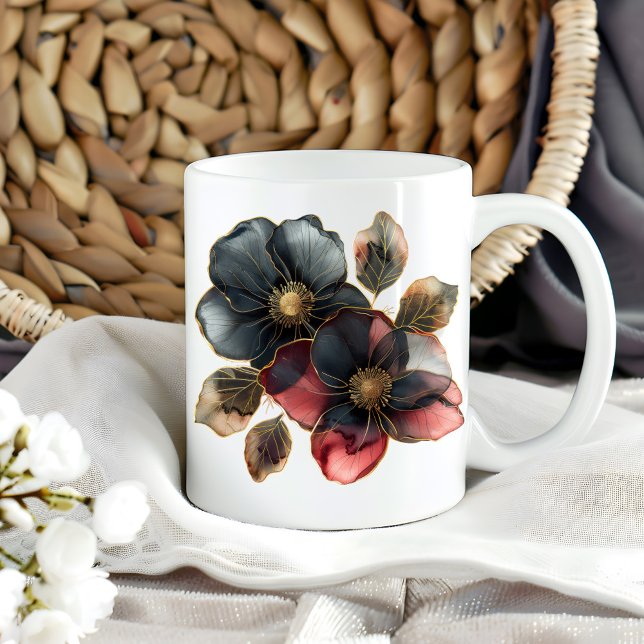 Mug Aquarelle moderne or noir et fleurs bordeaux (Créateur téléchargé)