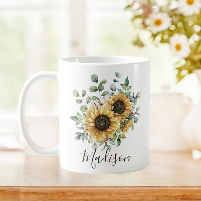 Mug Aquarelle monogramme Vintage Tournesol rustique (In situ on kitchen table)