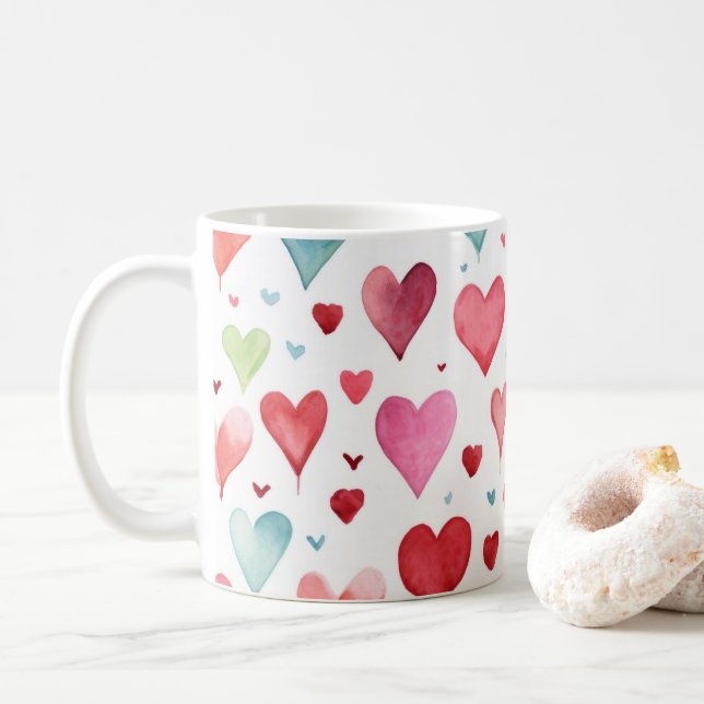 Mug Aquarelle Motif de coeur moderne rouge rose bleu (Avec donut)