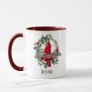Mug Aquarelle Noël Cardinal Wreath Nom personnalisé
