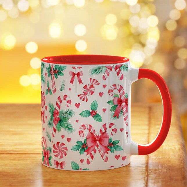 Mug Aquarelle Noël Peppermenthe Candy et Holly (Watercolor Christmas Peppermint Candy and Holly Mug)