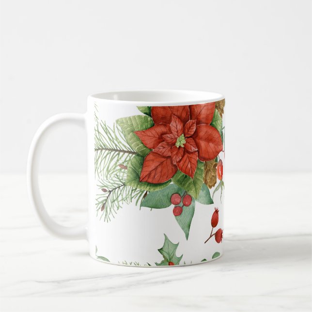 Mug Aquarelle Noël Poinsettia et Cardinal Rouge (Gauche)