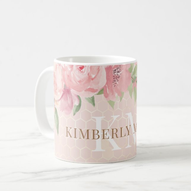 Mug Aquarelle or bleu rose rose floral Monogramme (Devant gauche)