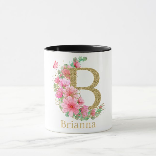 Mug Aquarelle or et monogramme floral B (Centre)