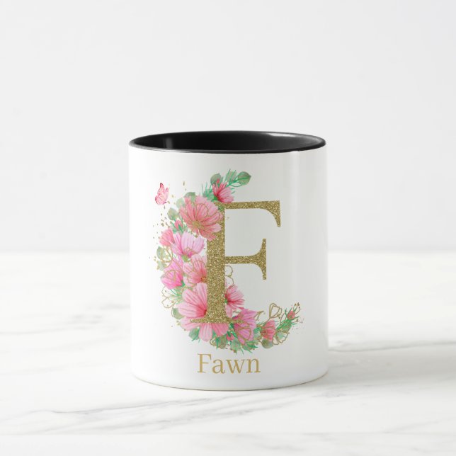 Mug Aquarelle or et monogramme floral F (Centre)
