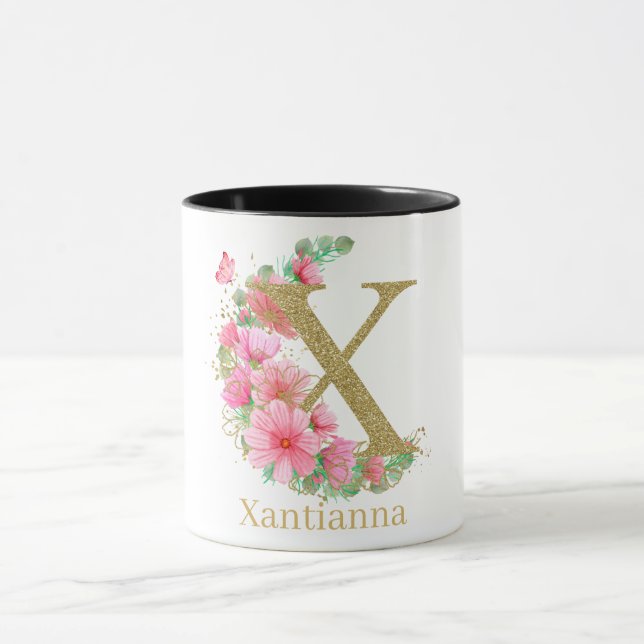 Mug Aquarelle or et monogramme floral lettre X (Centre)