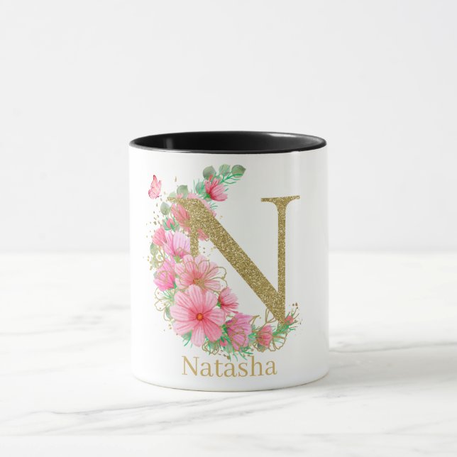 Mug Aquarelle or et monogramme floral N (Centre)
