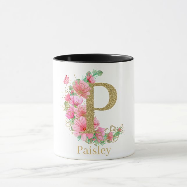 Mug Aquarelle or et monogramme floral P (Centre)