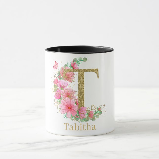 Mug Aquarelle or et monogramme floral T (Centre)