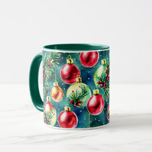 Mug Aquarelle ornements de Noël, rouge et vert Turquoi